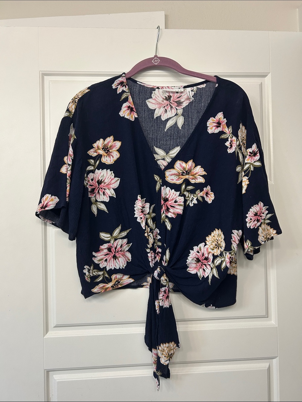 Navy Floral Tie-Front Top with Pink Flowers
